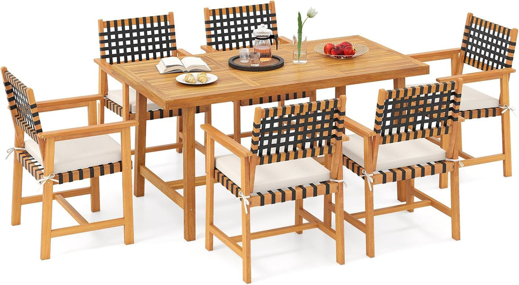 Tangkula 7 Piece Patio Dining Set for 6 People, 63' Outdoor Rectangular Acacia Wood Table with 1.97' Umbrella Hole & 6 Armchairs with Padded Seat Cushions, for Deck Yard and Poolside