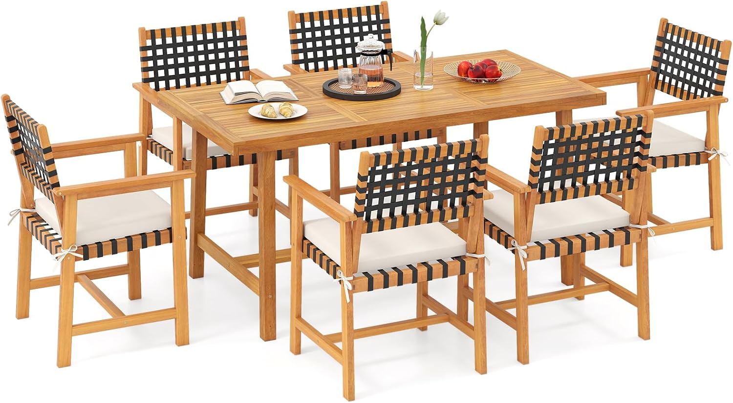 Tangkula 7 Piece Patio Dining Set for 6 People, 63' Outdoor Rectangular Acacia Wood Table with 1.97' Umbrella Hole & 6 Armchairs with Padded Seat Cushions, for Deck Yard and Poolside