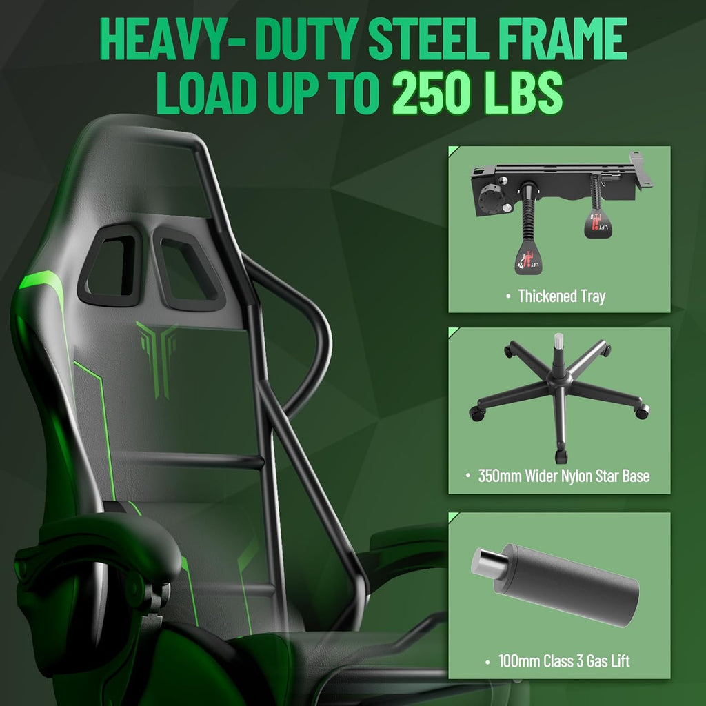 Soontrans PU Leather Ergonomic Gaming Chair, High Back Computer Chair with Footrest and Linkage Armrest, Office Video Game Chair with Massage Lumbar Support for Adult, Grey/Black