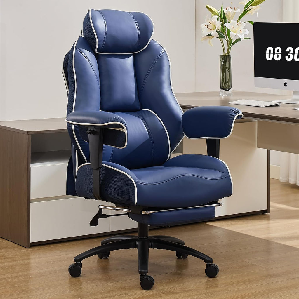 DJ·Wang Big and Tall Office Chair with Foot Rest, High Back Executive Office Chair PU Leather, Ergonomic Chairs with Lumbar Support, 135° Reclining Chairs with Thickened Spring Cushion Blue