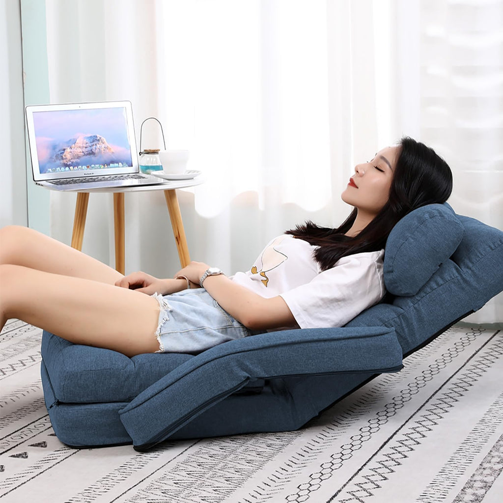 42-Position Adjustable Floor Chair, Chaise Lounge Indoor, Folding Lazy Sofa with Armrests and a Pillow Padded Adults Gaming Chairs for Living Room, Bedroom Factory Price, 8803XM (Blue)
