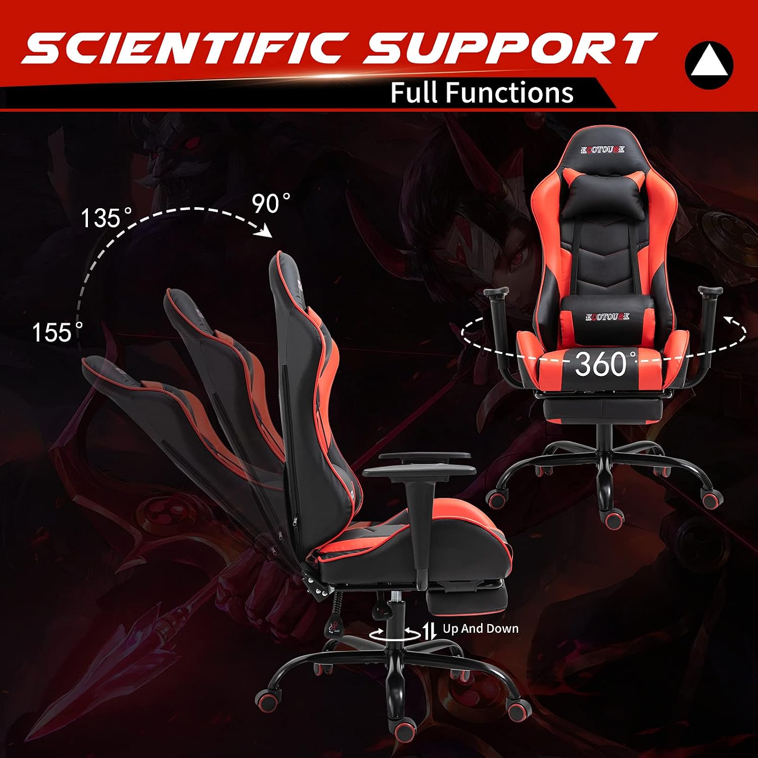 ECOTOUGE PC Massage Gaming Chair with Footrest Ergonomic Office Desk Chair Adjustable Massage Lumbar Cushion and Headrest, Red
