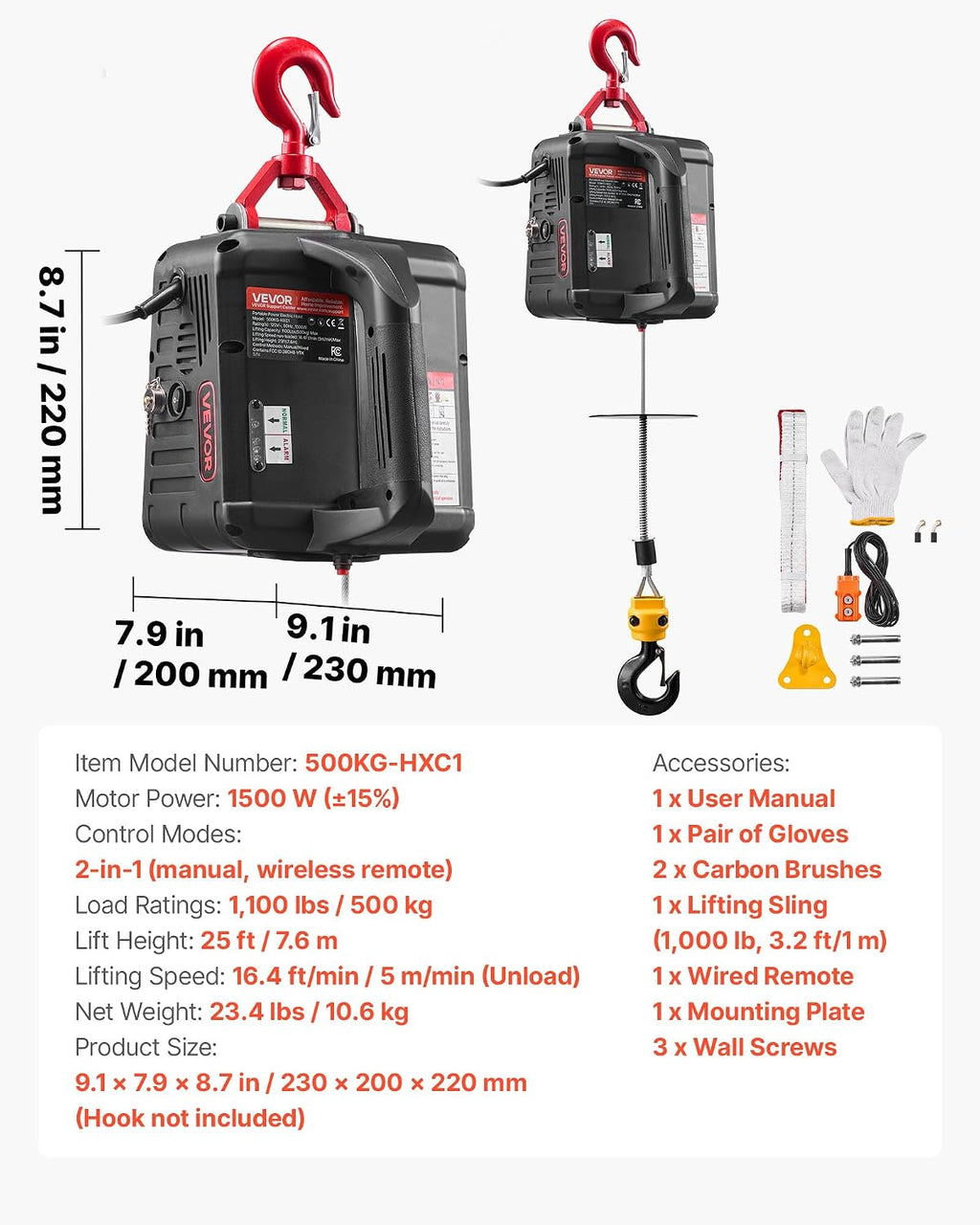 VEVOR 2-in-1 Electric Hoist Winch, 1100 lbs Capacity, 1500W Portable Power Winch Crane, 25 ft Lifting Height, 16.4 ft/min with Manual and Wired Remote Control for Factory, Warehouss, Garage