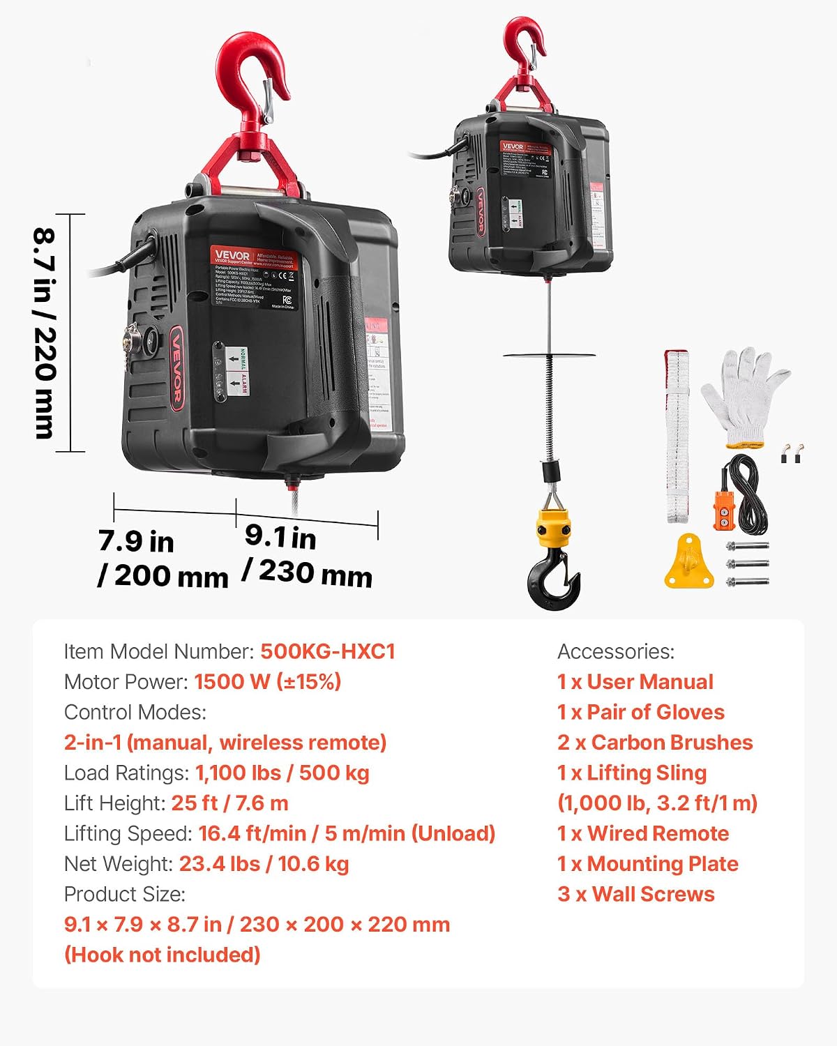 VEVOR 2-in-1 Electric Hoist Winch, 1100 lbs Capacity, 1500W Portable Power Winch Crane, 25 ft Lifting Height, 16.4 ft/min with Manual and Wired Remote Control for Factory, Warehouss, Garage