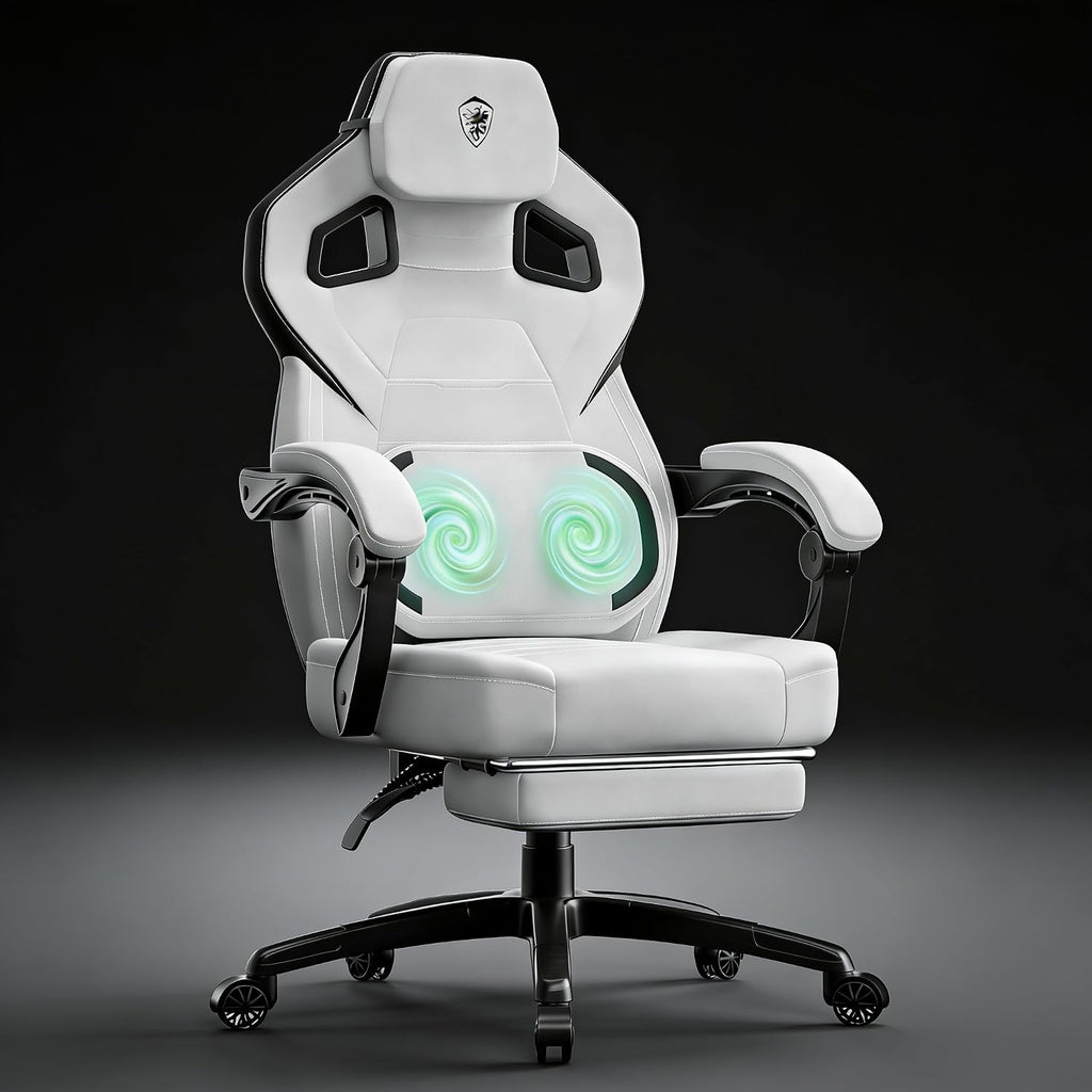 Dowinx Fabric Gaming Chair with Footrest, 350lb Big and Tall Gamer Chair, Wide Seat Ergonomic Computer Chair with Lumbar Massage Support, Wide Back Office Chair for Heavy People, Grey