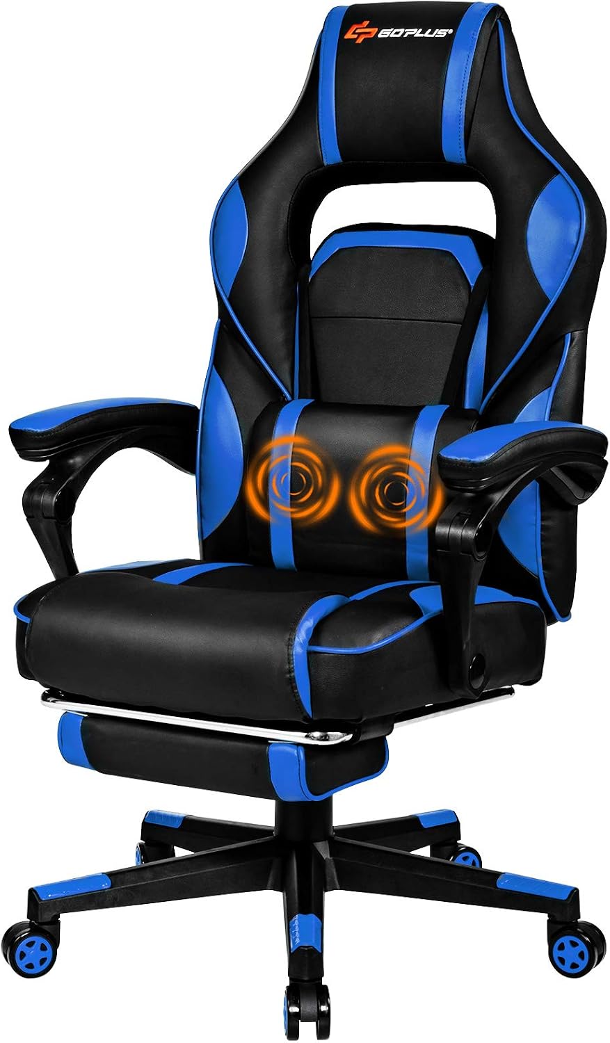 Goplus Massage Gaming Chair, Reclining Backrest, Seat Height Adjustment Racing Computer Office Chair with Footrest, Ergonomic High Back PU Swivel Game Chair (Blue)