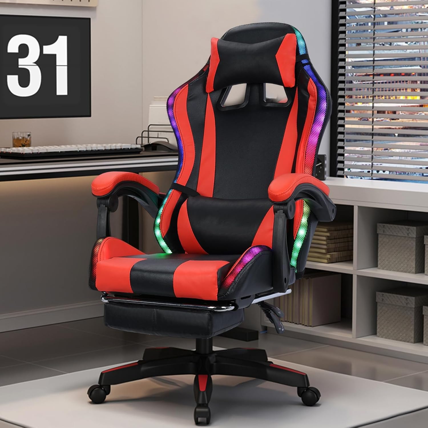 Gaming Chair,Office Massage Computer Chair with Bluetooth Speaker,RGB LED Lights,Adjustable Height Swivel Task Chair with Footrest Lumbar Support,Video Game Chair for Adults (Red)