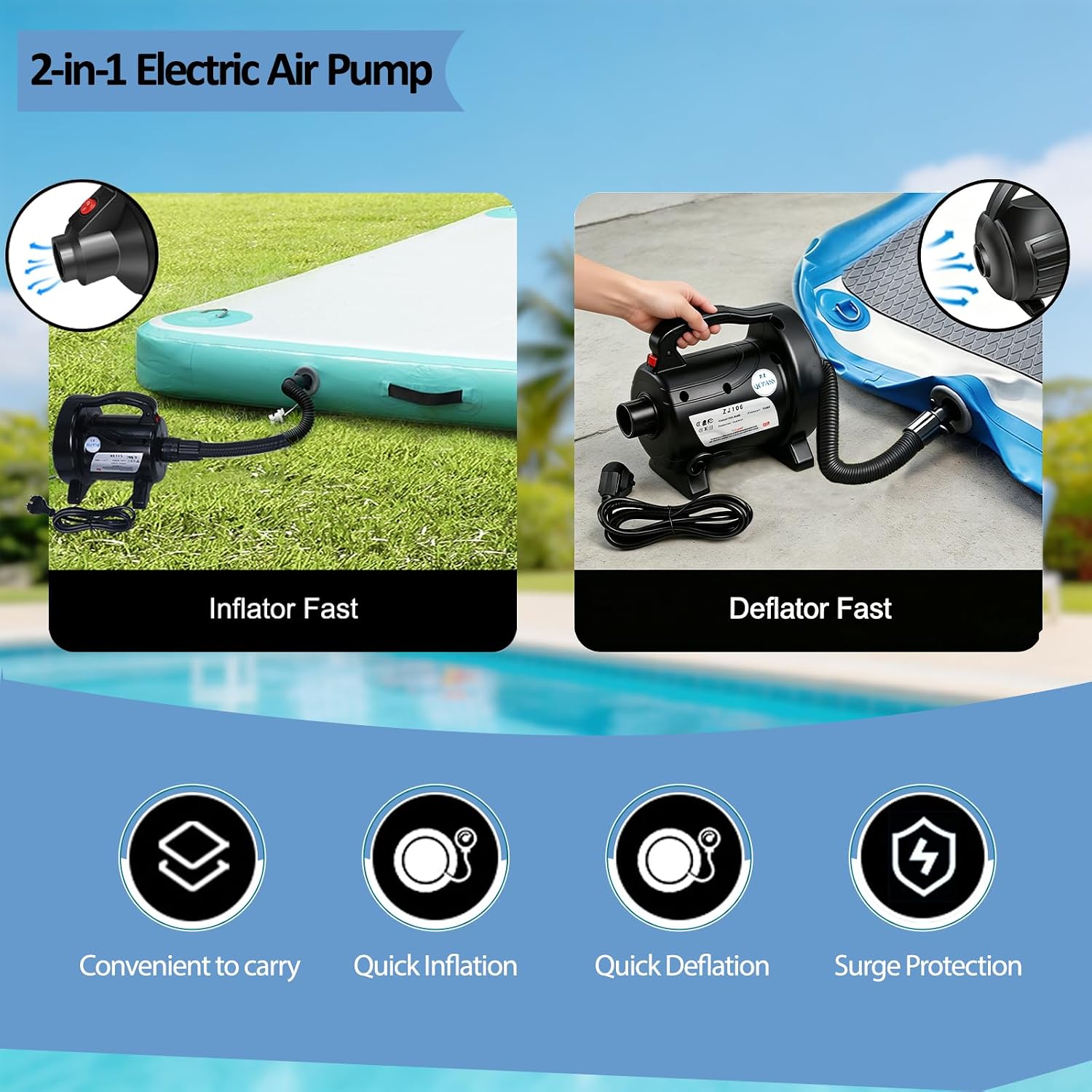 1200W Fast Electric Air Pump, Dual Nozzles for Inflatable Mirror Ball,Mattress, Pool Floats, Rafts, Quick Inflation Deflation, Portable Travel Pump