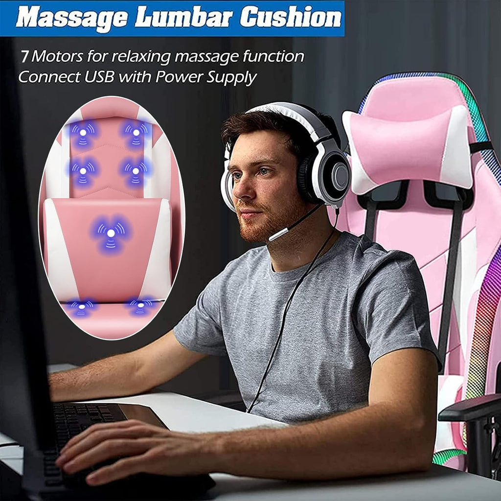 Ergonomic Gaming Chair with RGB and Massage Function, Video Gaming Chair with Speakers, Footrest and Lumbar Support, Reclining Gaming Chair Office Chair for Adults, Teens,Red