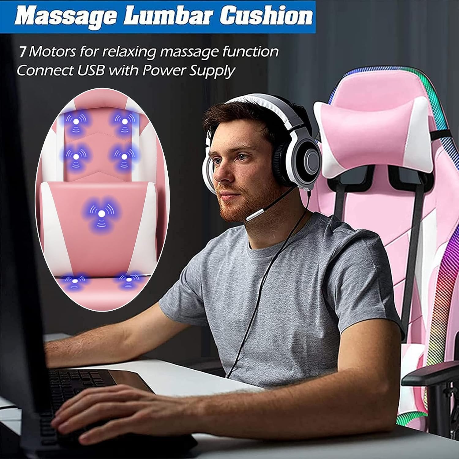 Professional Video Gaming Chair with Speakers and Massage Function, Ergonomic Gaming Chair with RGB Lighting with Footrest and Lumbar Support, Reclining Gaming Chair Office Chair,Red