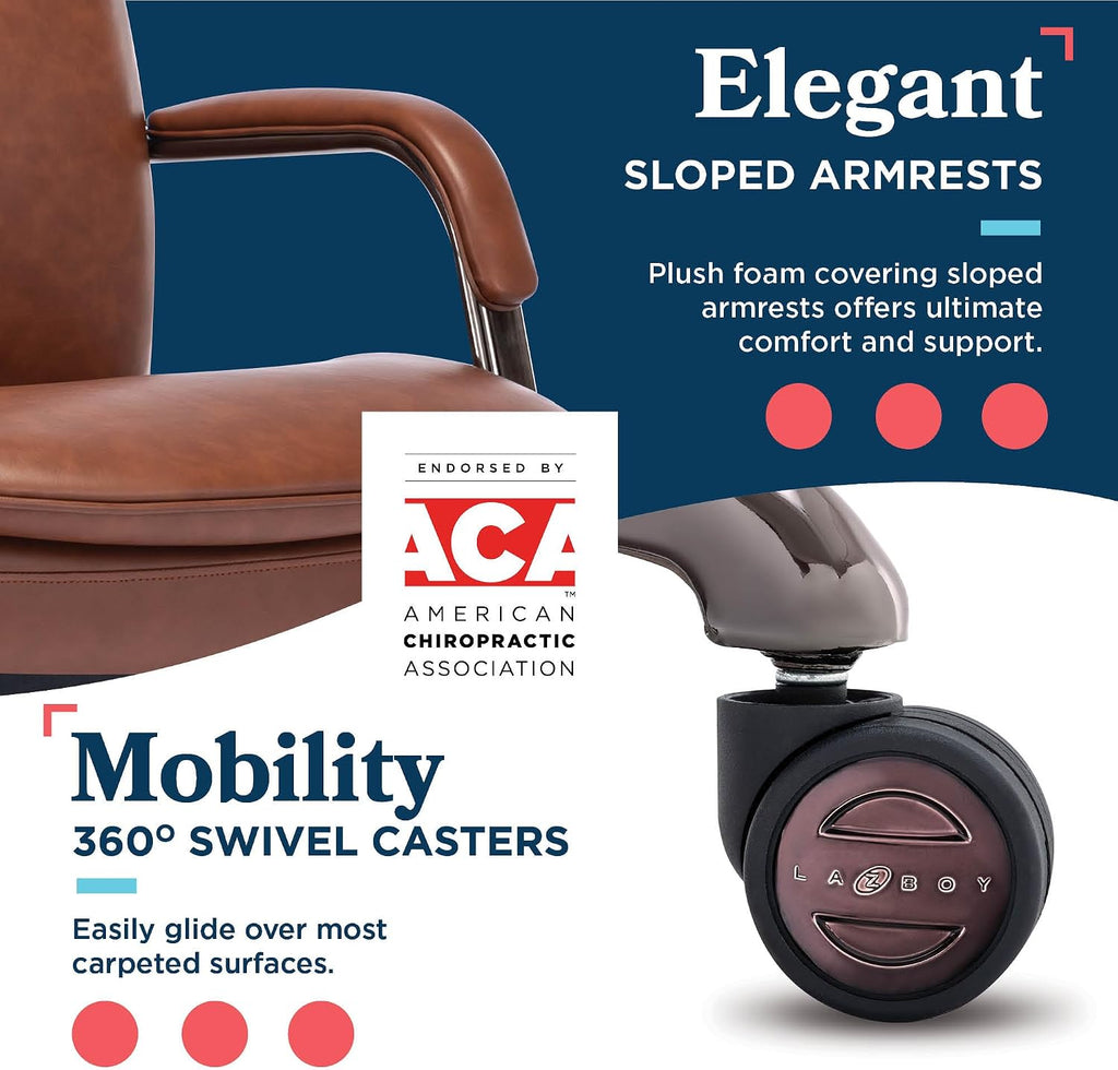 La-Z-Boy Opus Executive Mid-Back Office Chair, Channel-Tufted Seat and Back, Double-Layer Cushion, Padded Arms, Ergonomic Computer Desk Chair, Swivel Metal Base, Bonded Leather, Cognac and Graphite