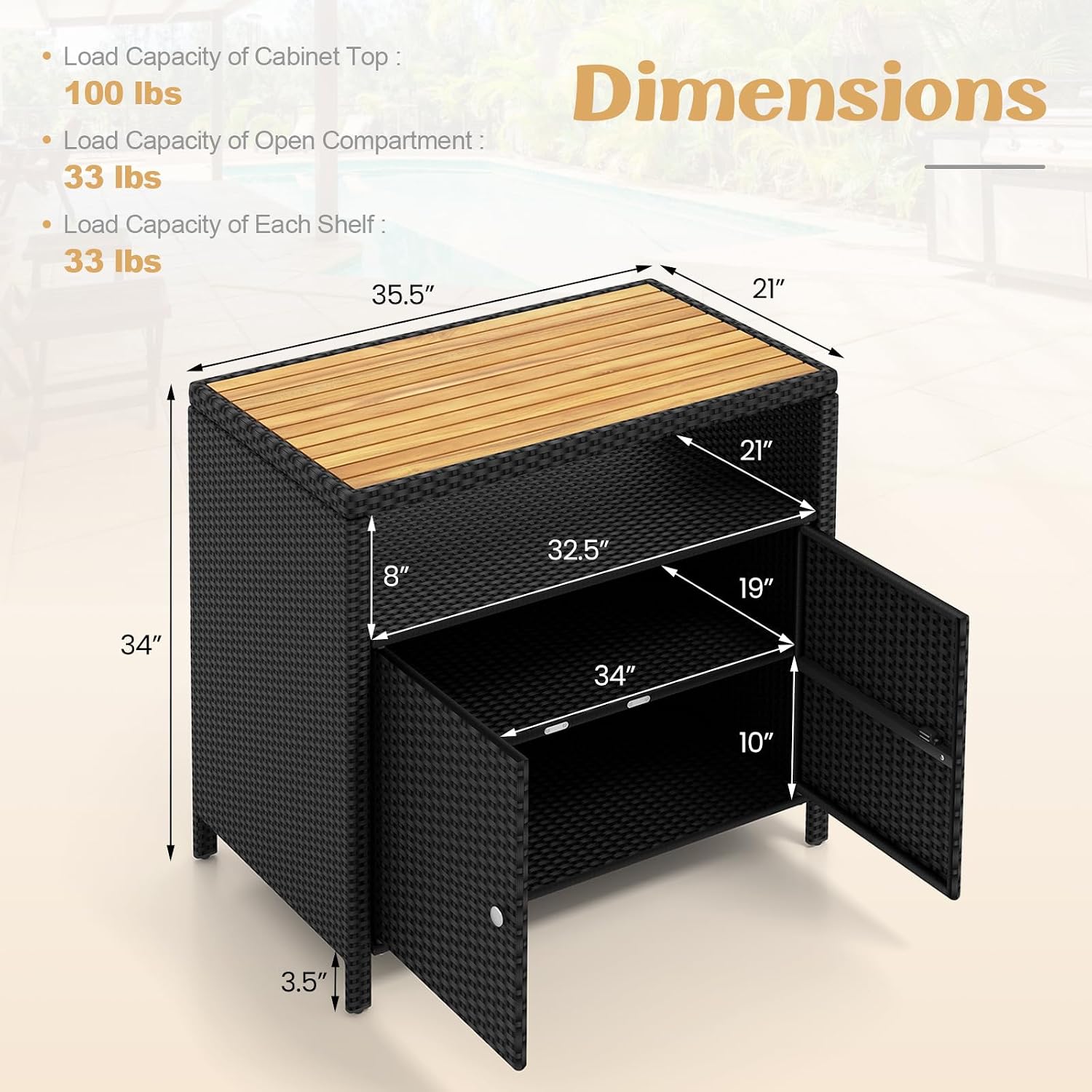 RELAX4LIFE Wicker Outdoor Bar Cabinet - PE Rattan Patio Bar Table w/Acacia Wood Countertop, Open Shelf & 2 Doors, Buffet Sideboard Organizer for Garden Backyard Pool, Outside Storage Cabinet (Black)