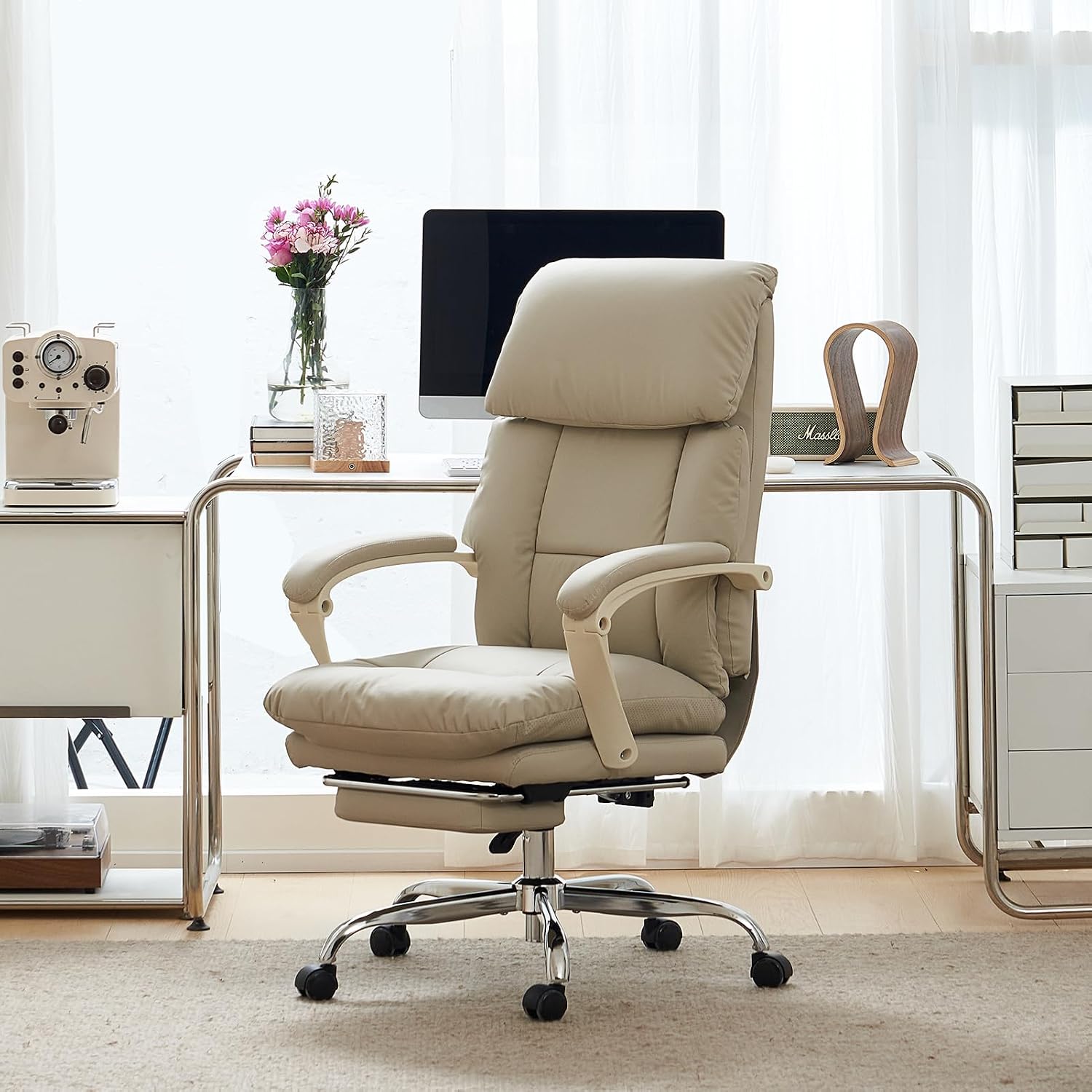 EMIAH Heated and Massage Office Chair with Foot Rest, Executive Office Chair Reclining High Back PU Leather Comfy Swivel Computer Desk Chairs with Wheels and Lumbar Support for Home Office，Beige