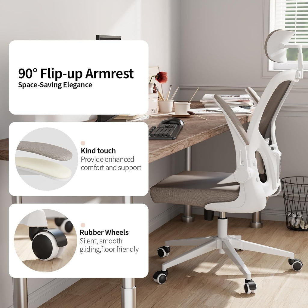 Office Chair Ergonomic Desk Chair with Lumbar Support&Headrest&Flip-up Arms Height Adjustable Rocking Swivel High Computer Chair Multi-Angle from 90° to 125° with 350LBS Capacity(White+Khaki-2)