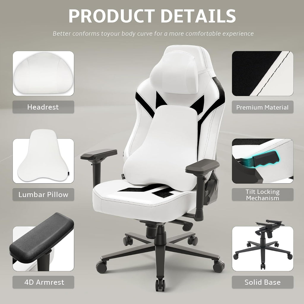 Ergonomic Gaming Chair, Wyrdforging Computer Desk Chairs, 4D Armrests, High Back Office Chair With Headrest & Lumbar Pillow, Tilt Rocker Recliner, Heavy-Duty Base, White PU Leather & Black Suede Combo