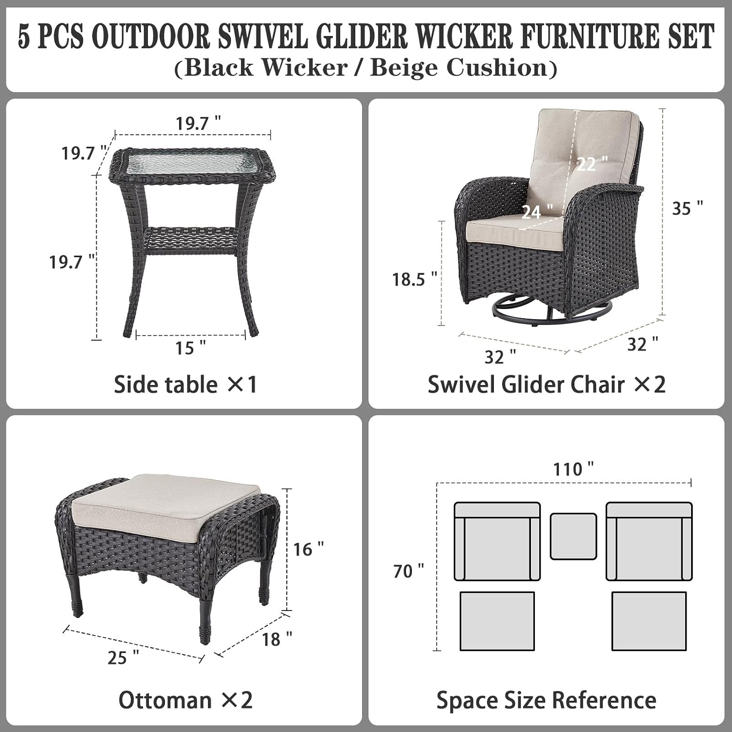 Belord 5 Piece Swivel Rocker Glider Outdoor Chairs Set of 2 with Ottoman and Glass Side Table Patio Bistro Furniture Set, Comfort High Back Wicker Patio Conversation Set for Deck Porch Sunroom