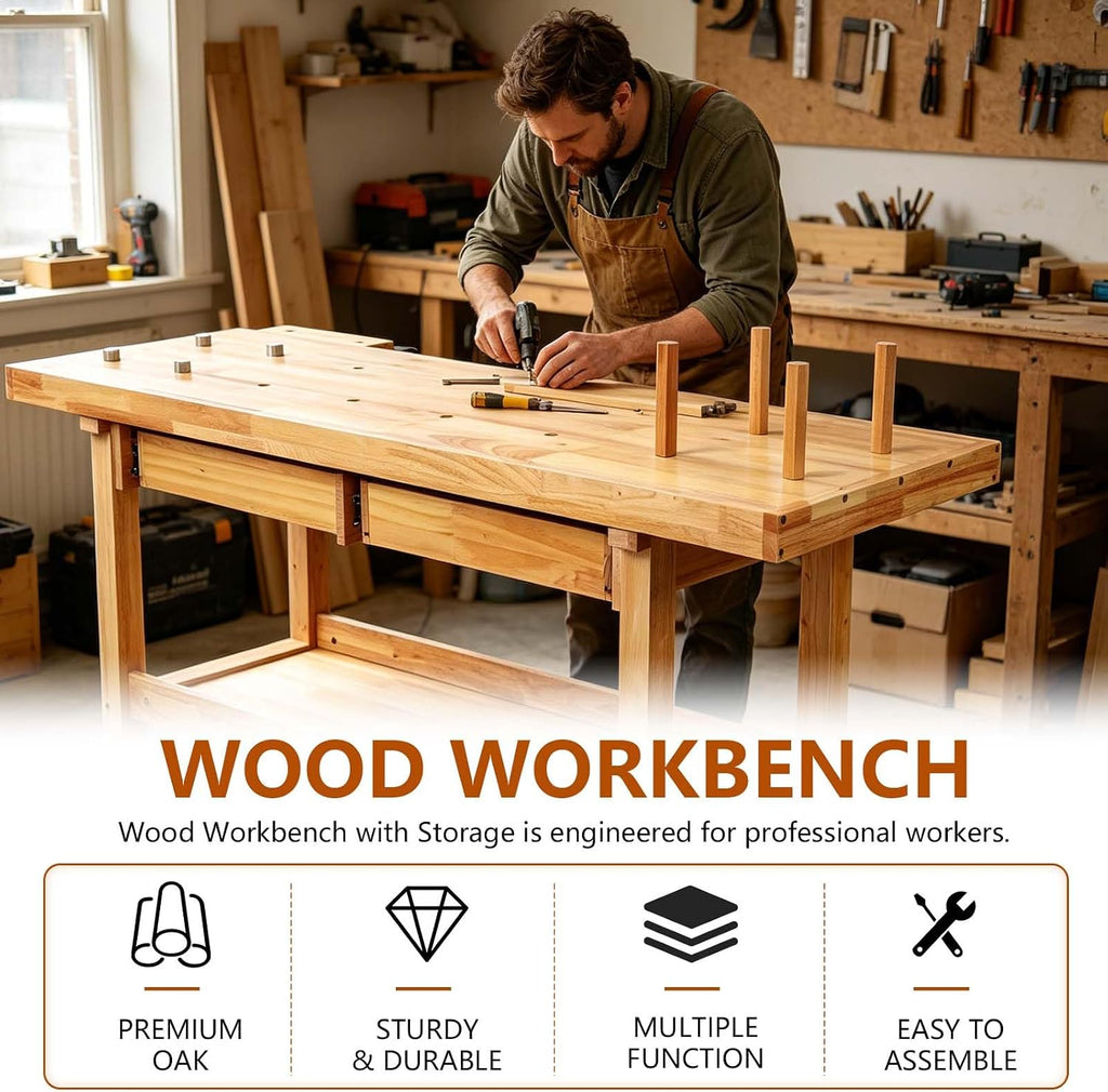 60' Rubber Wood Workbench, Heavy Duty Work Bench with Drawer & Shelf, Work Bench Table for Garage, Workshop, Home Storage, Woodworking Bench, 330 lbs Weight Capacity (60' + 2 Drawers)