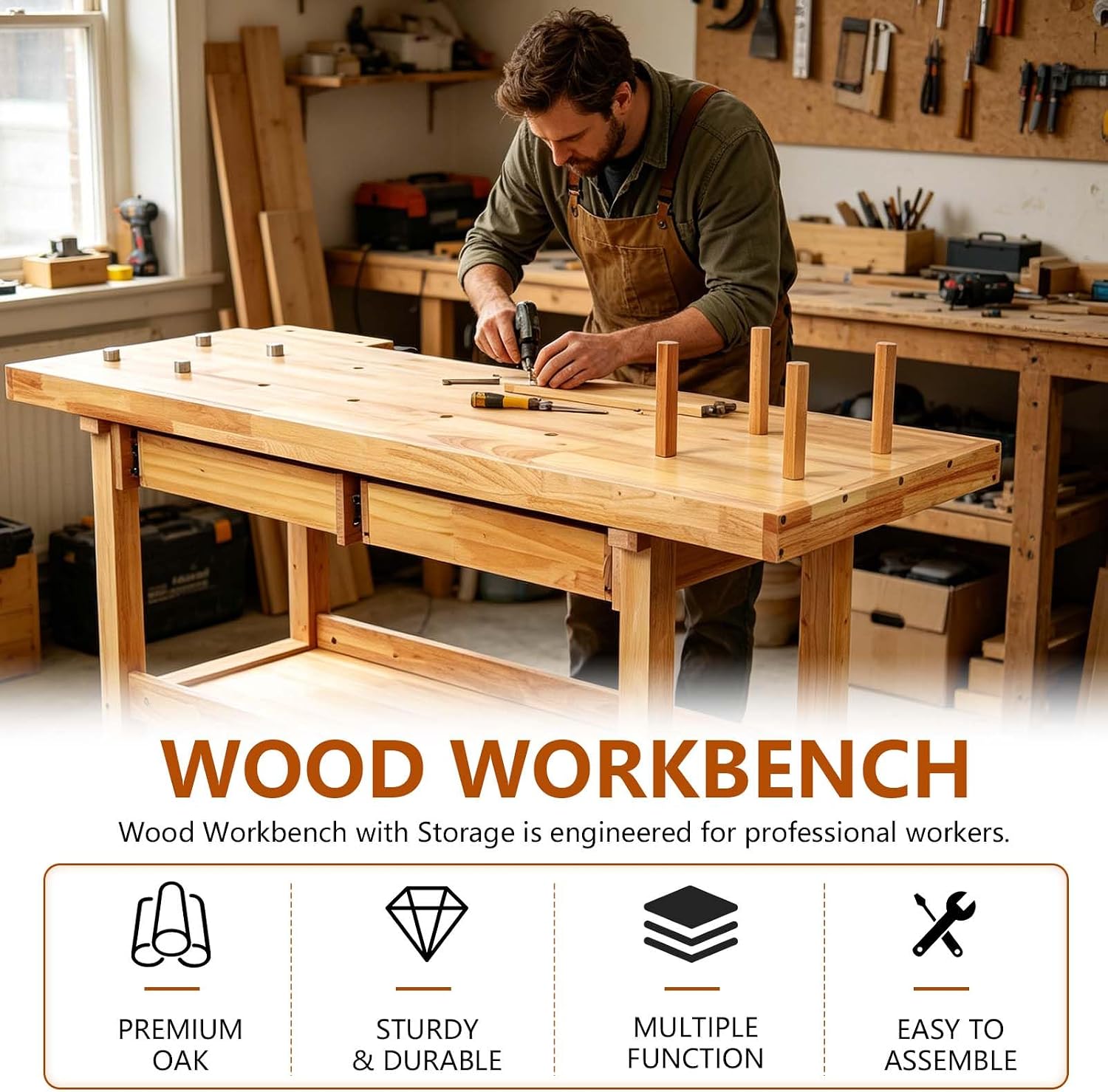 60' Rubber Wood Workbench, Heavy Duty Work Bench with Drawer & Shelf, Work Bench Table for Garage, Workshop, Home Storage, Woodworking Bench, 330 lbs Weight Capacity (60' + 2 Drawers)