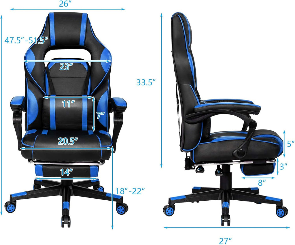 Giantex Ergonomic Gaming Chair, Executive Computer Office Chair with USB Massage Lumbar Cushion and Retractable Footrest, High Back Swivel Chair with Backrest and Height Adjustable (Blue)