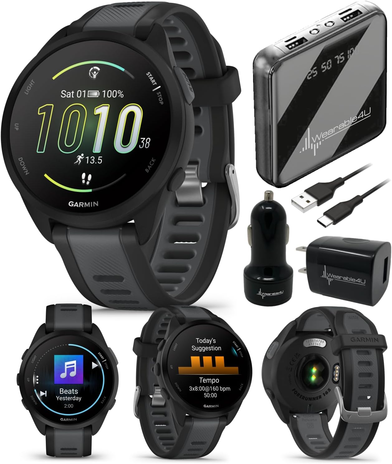 Garmin Forerunner 165 Music Running Smartwatch, Colorful AMOLED Touchscreen, Training Metrics and Recovery Insights Includes PowerPack and Adapters Bundle, Black/Slate Gray