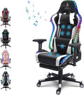Gaming Chair with Speakers and LED Lights, Height Adjustable Swivel Racing Gaming Massage Chair, Ergonomic Gamer Chair with Footrest,Reclining Computer Office Desk Chair for Adults,White