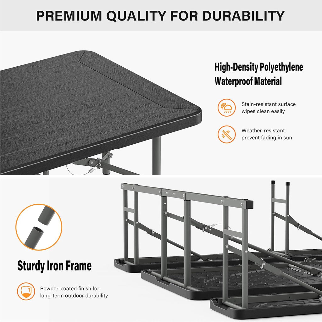 VINGLI Folding Picnic Table and Bench Set, Portable Outdoor Dining Furniture for Camping, Patio, Backyard, Wood Grain Plastic Top with Metal Frame (Black)