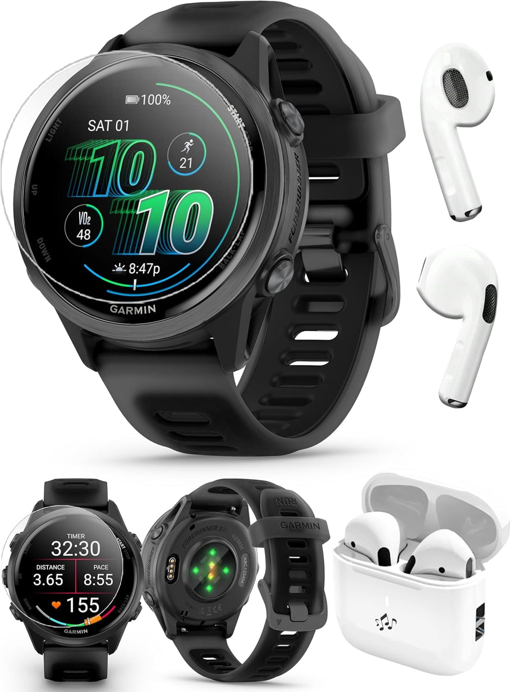 PlayBetter Garmin Forerunner 570 (42mm, Slate Gray/Translucent Black) Advanced GPS Running and Triathlon Smartwatch Bundle HD Screen Protectors & Wireless Earbuds