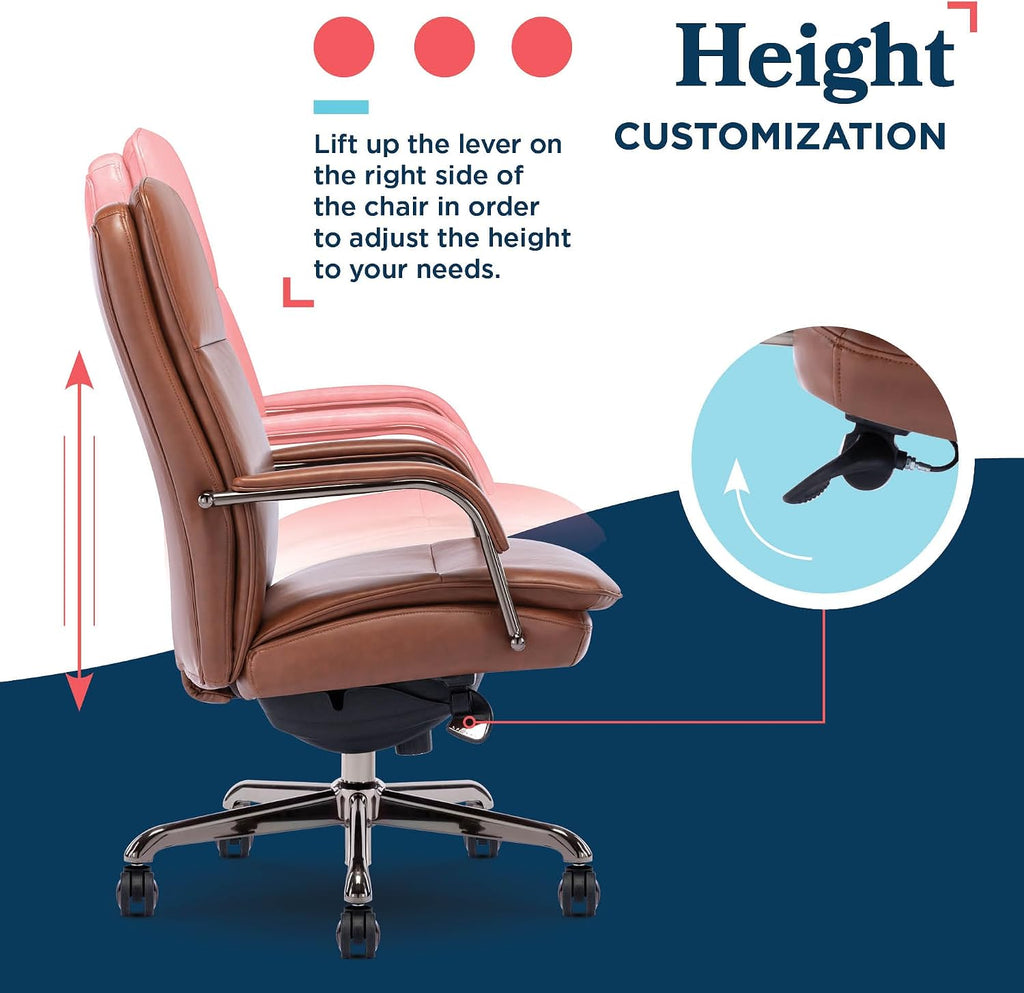 La-Z-Boy Opus Executive Mid-Back Office Chair, Channel-Tufted Seat and Back, Double-Layer Cushion, Padded Arms, Ergonomic Computer Desk Chair, Swivel Metal Base, Bonded Leather, Cognac and Graphite