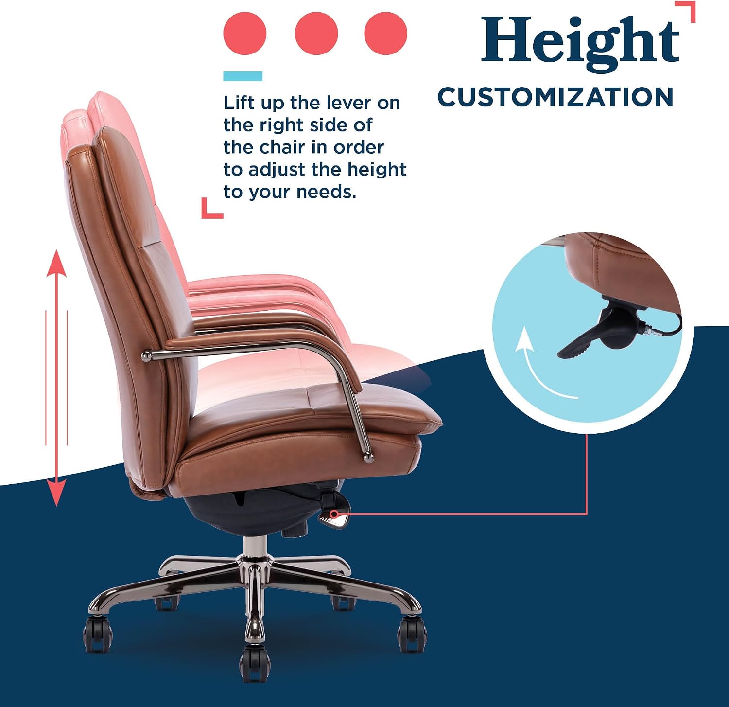 La-Z-Boy Opus Executive Mid-Back Office Chair, Channel-Tufted Seat and Back, Double-Layer Cushion, Padded Arms, Ergonomic Computer Desk Chair, Swivel Metal Base, Bonded Leather, Cognac and Graphite