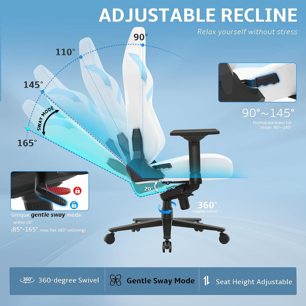 Ergonomic Gaming Chair, Computer Desk Chairs, 4D Armrests, High Back Office Chair with Headrest & Lumbar Pillow, Tilt Rocker Recliner, Heavy-Duty Base, White PU Leather & Blue Suede Combo