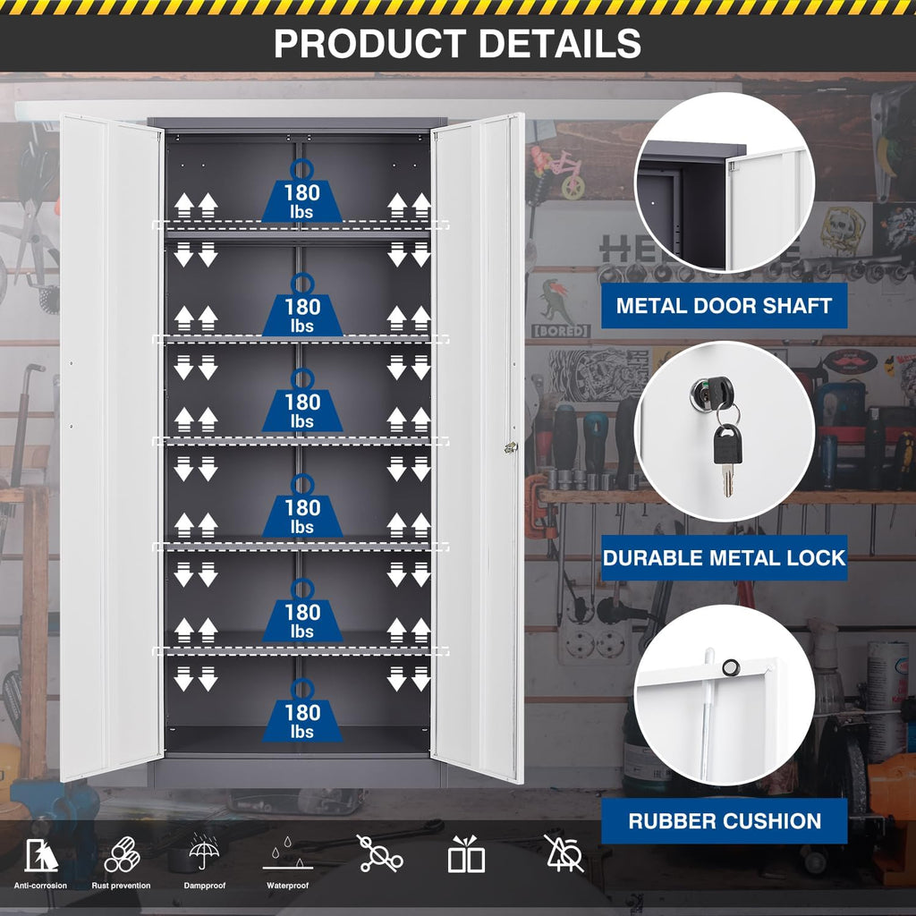 Fesbos Metal Cabinet Steel Storage Cabinet - 71' Tall Steel File Cabinets with Lockable Doors and 5 Adjustable Shelves Gray&White Storage Cabinets for Home, School, Office, Garage