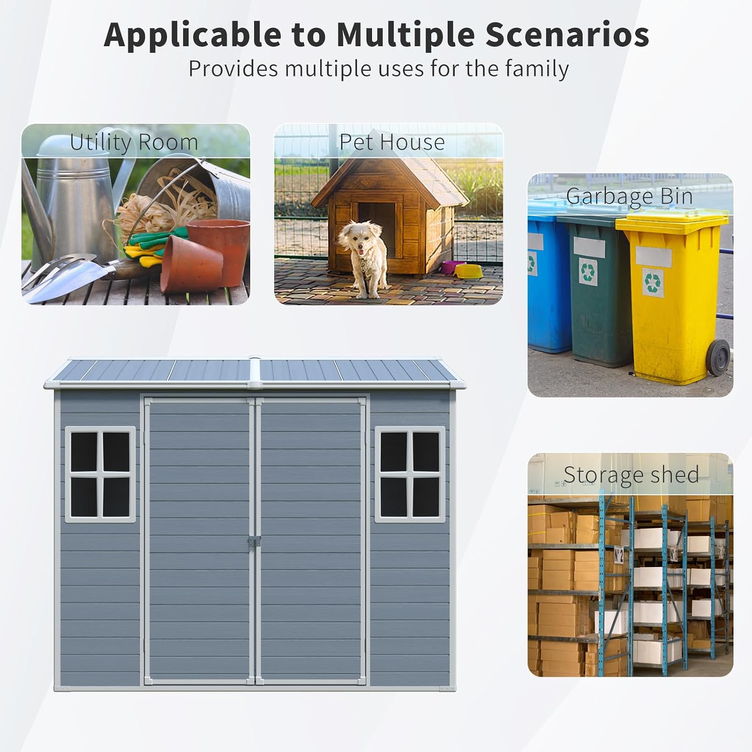 KUIKUI 8x4ft Shed with Floor Included, Plastic Storage Sheds with 2 Windows and Lockable Door, Backyard Storage Sheds for Garden Tools, Bike, Grey