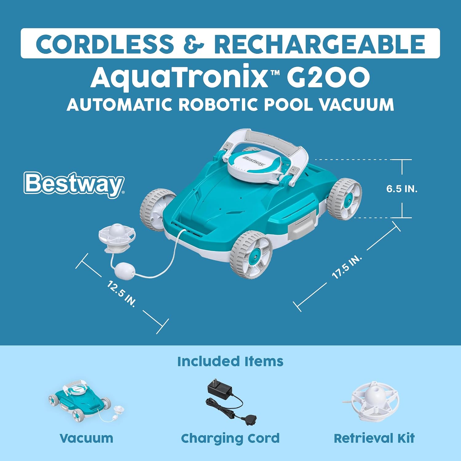 Bestway AquaTronix G200 Automatic Robotic Pool Cleaner, Cordless Pool Vacuum Robot, Ideal for Flat-Bottom Inground and Above Ground Swimming Pools, 90-Min Runtime, Cleans Pool Floor