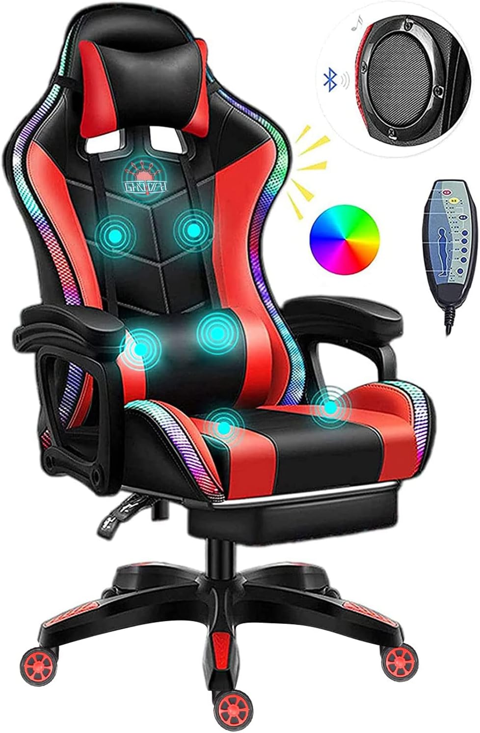 Gaming Chair with Footrest, Full Massage Chair with Bluetooth Speaker, LED Light Computer Chair with Lumbar Support and Backrest Adjustable,Red