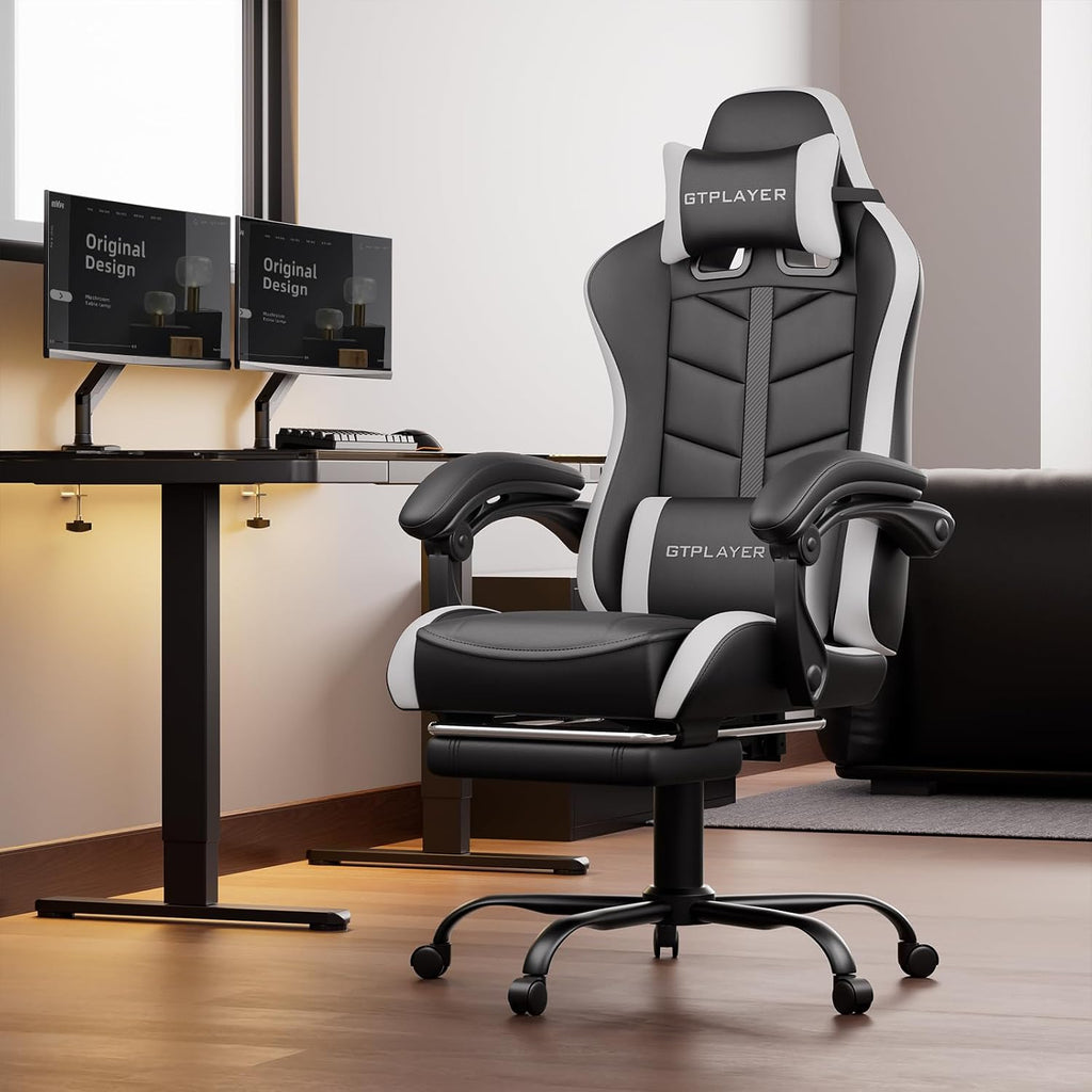 GTPLAYER Gaming Chair High Back Ergonomic Gamer Seat with Footrest and Lumbar Support Adjustable Reclining Swivel Computer Office Desk Chairs for Adults(White)