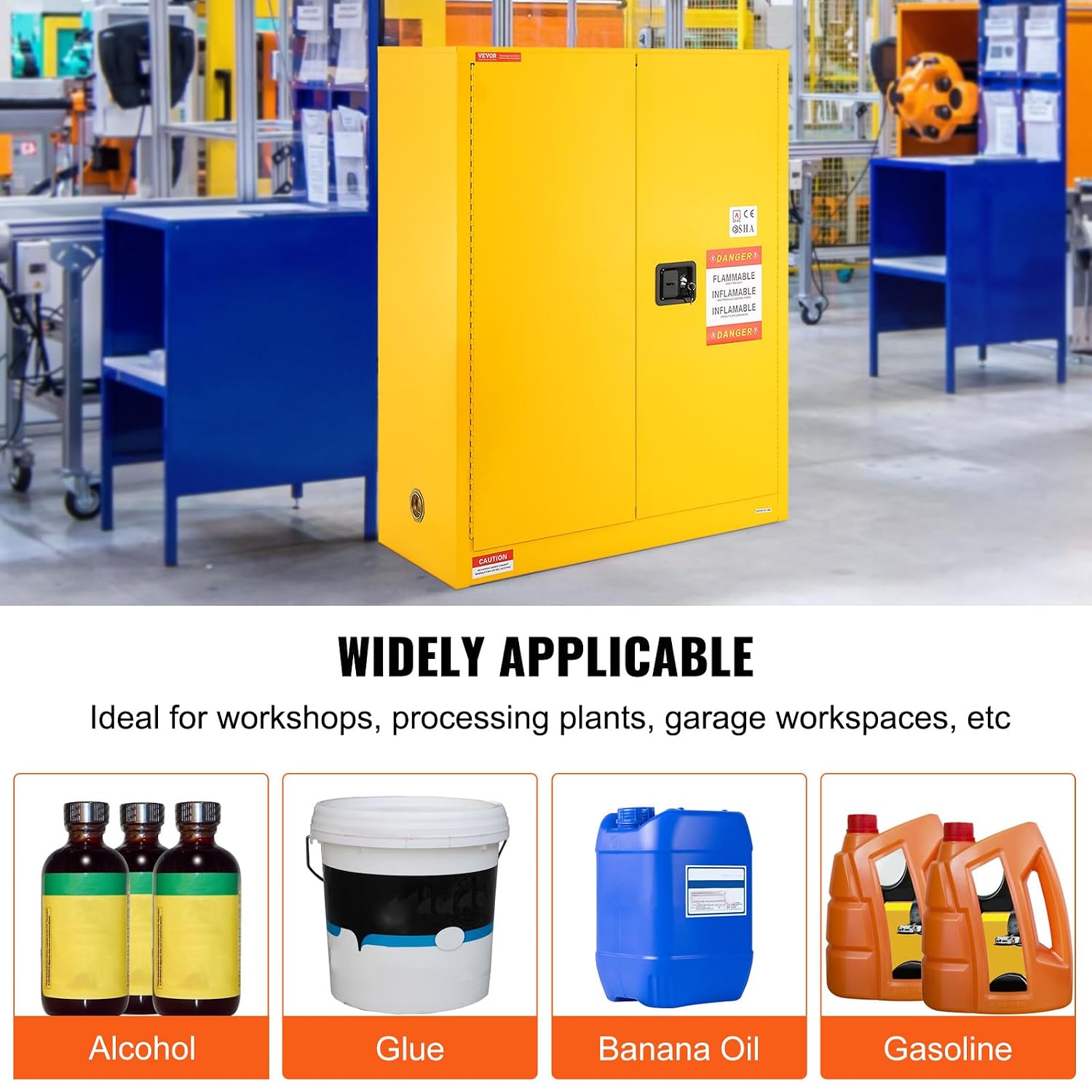 VEVOR Flammable Safety Cabinet 43.1 x 18.1 x 50.1, Cold-Rolled Steel Flammable Liquid Storage Cabinet 34 Gal with 2 Adjustable Shelves/2 Manual Closing Doors for Industrial Use, Yellow