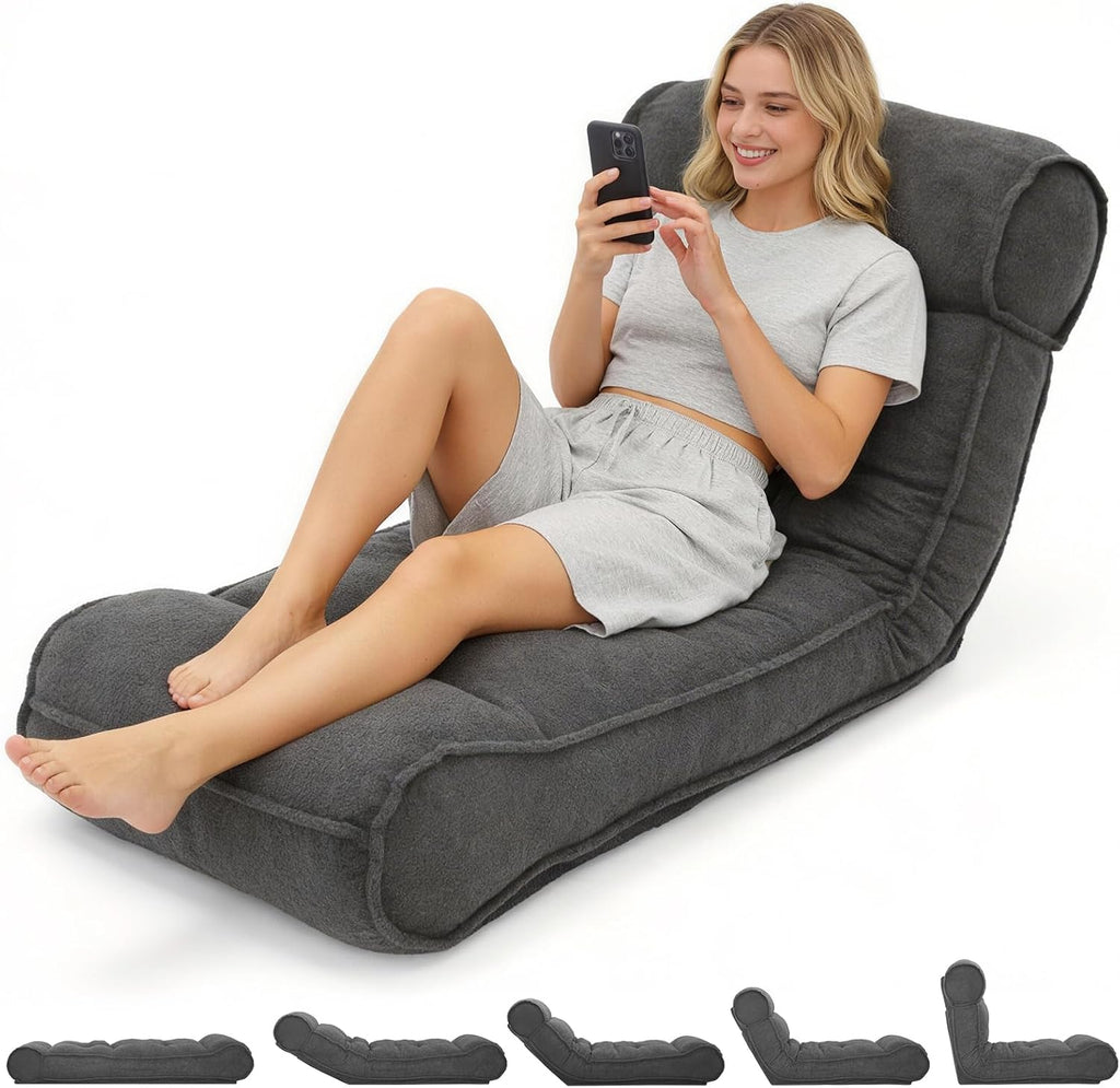 67'' Floor Chair with Back Support Meditation Chair Couch Recliner w Adjustable Backrest Lazy Floor Lounger Gaming Chair for Adults Sofa Bed Sleeper Chair Chaise Lounge Chair Indoor, Dark Gray