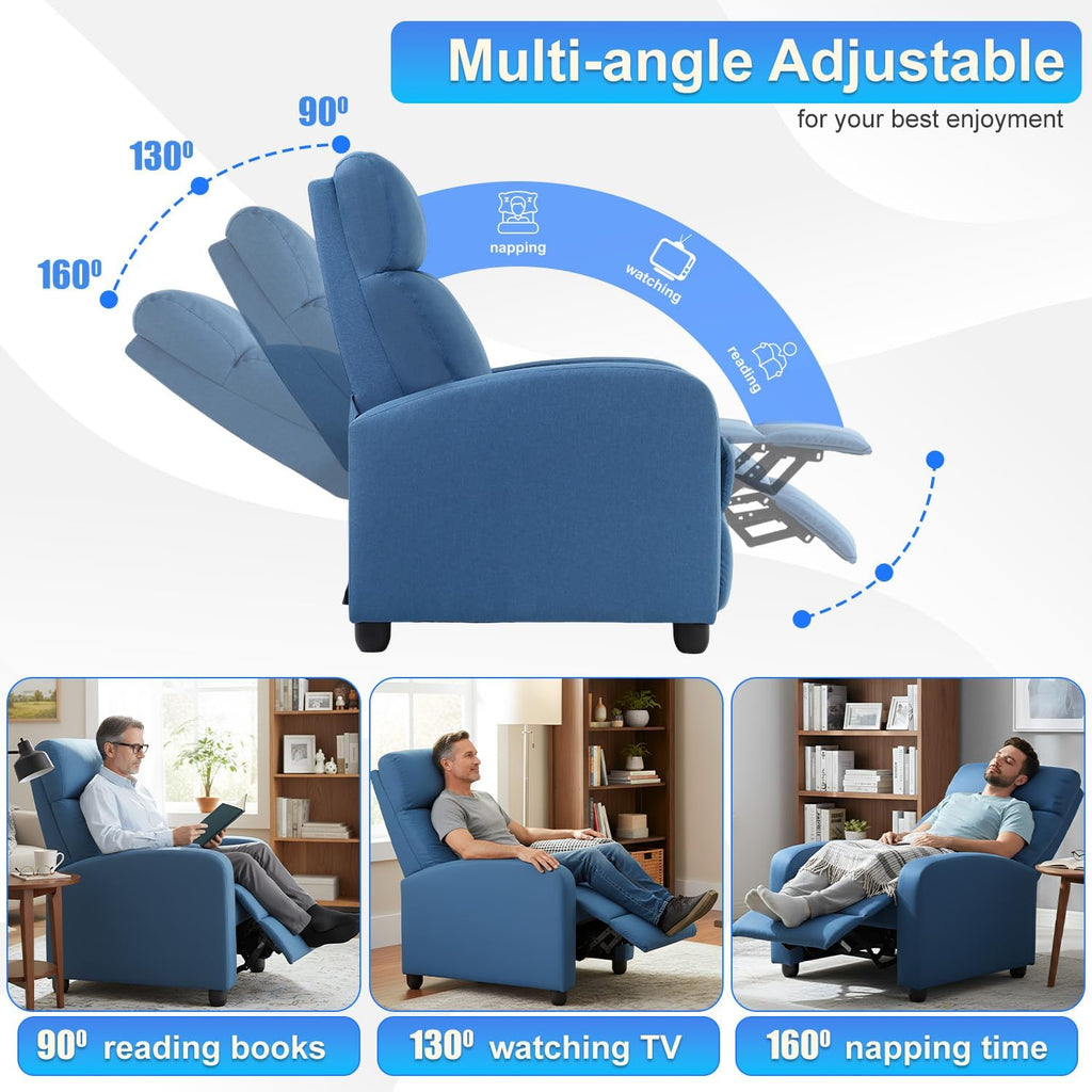 BestMassage | Recliner Chair | No Massage Function | Textile Blue | with Lumbar Support, Adjustable Push Back, Wide Armrests, Footrest & Padded Seat | Easy Assembly | for Living Room, Home Theatre