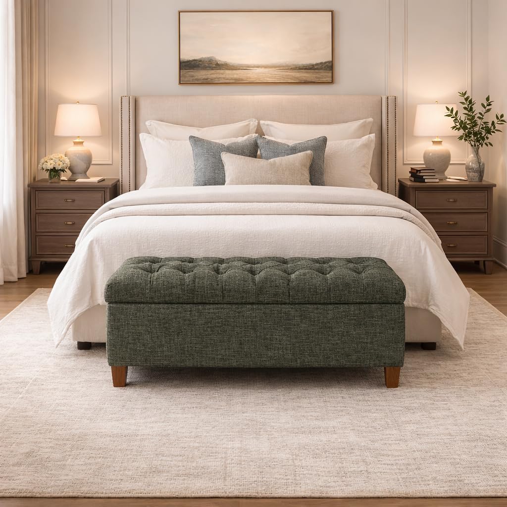 Homepop Home Decor Tufted Ainsley Button Storage Ottoman Bench with Hinged Lid Ottoman Bench with Storage for Living Room & Bedroom, Green Clover Fabric