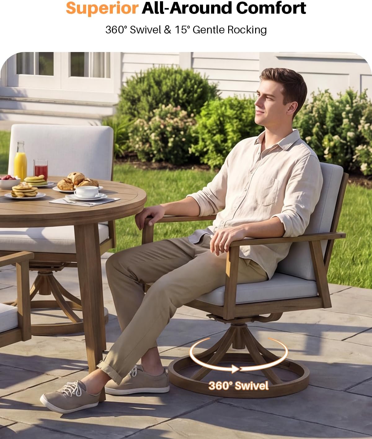 5-Piece Round Patio Swivel Dining Set, Aluminum Round Outdoor Dining Set with 4 Swivel Chairs, Patio Dining Table Set with Cushions, Never-Rust Outdoor Furniture Set for Pool, Deck, Lawn, Teak