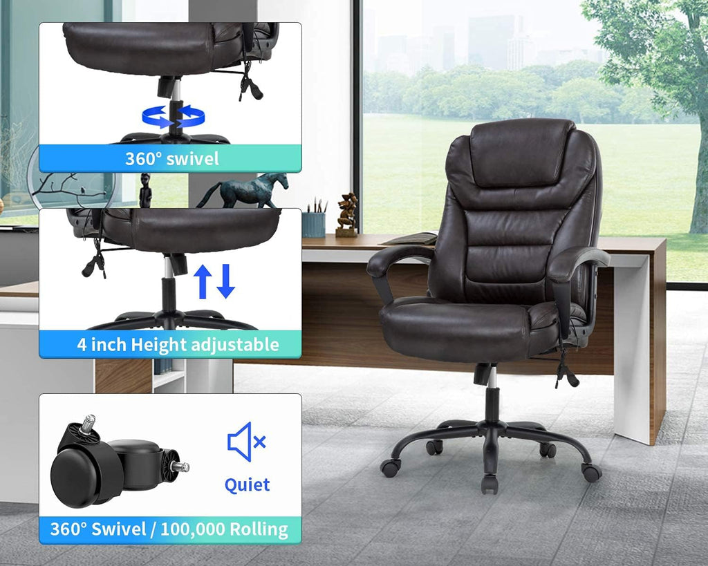 Big and Tall 500lbs Wide Seat Ergonomic Desk Chair with Lumbar Support Arms Headrest Massage Office Chair Rolling Swivel PU Leather Task Computer Chair for Adults(Brown)