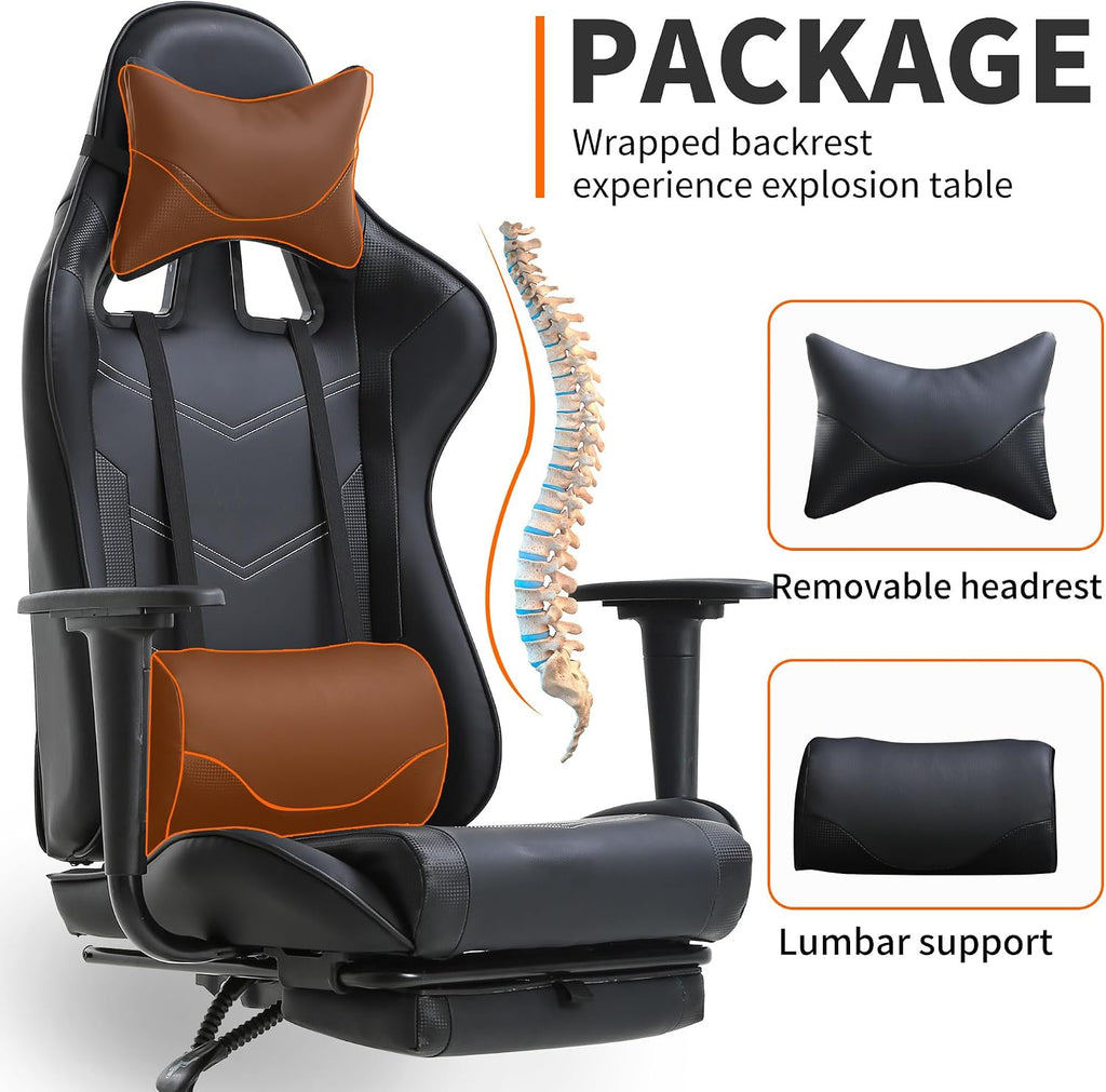 BestOffice Ergonomic Desk Executive PU Leather Computer Lumbar Support with Footrest Modern Task Rolling Swivel Racing Chair for Women&Men, Black