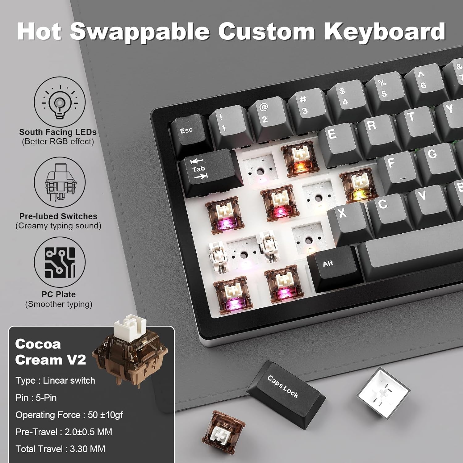 YUNZII AL68 Wireless Mechanical Keyboard,Full Aluminum CNC,60% Layout with Knob, QMK/VIA Software,Gasket Mounted,Hot Swappable,RGB Backlit,BT/2.4G/USB-C for Mac/Win (Black, Cocoa Cream V2)