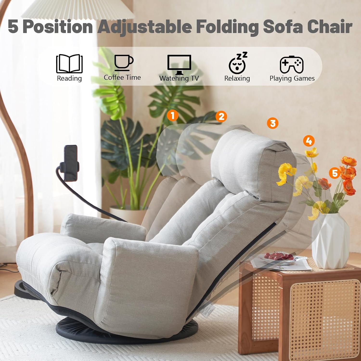 360° Swivel Gaming Floor Chair, 5 Position Adjustable Folding Sofa Chair with Armrests & Phone Holder, Cushion Padded Indoor Chaise Lounge for Adults, Home Office Floor Leisure Chairs, Grey