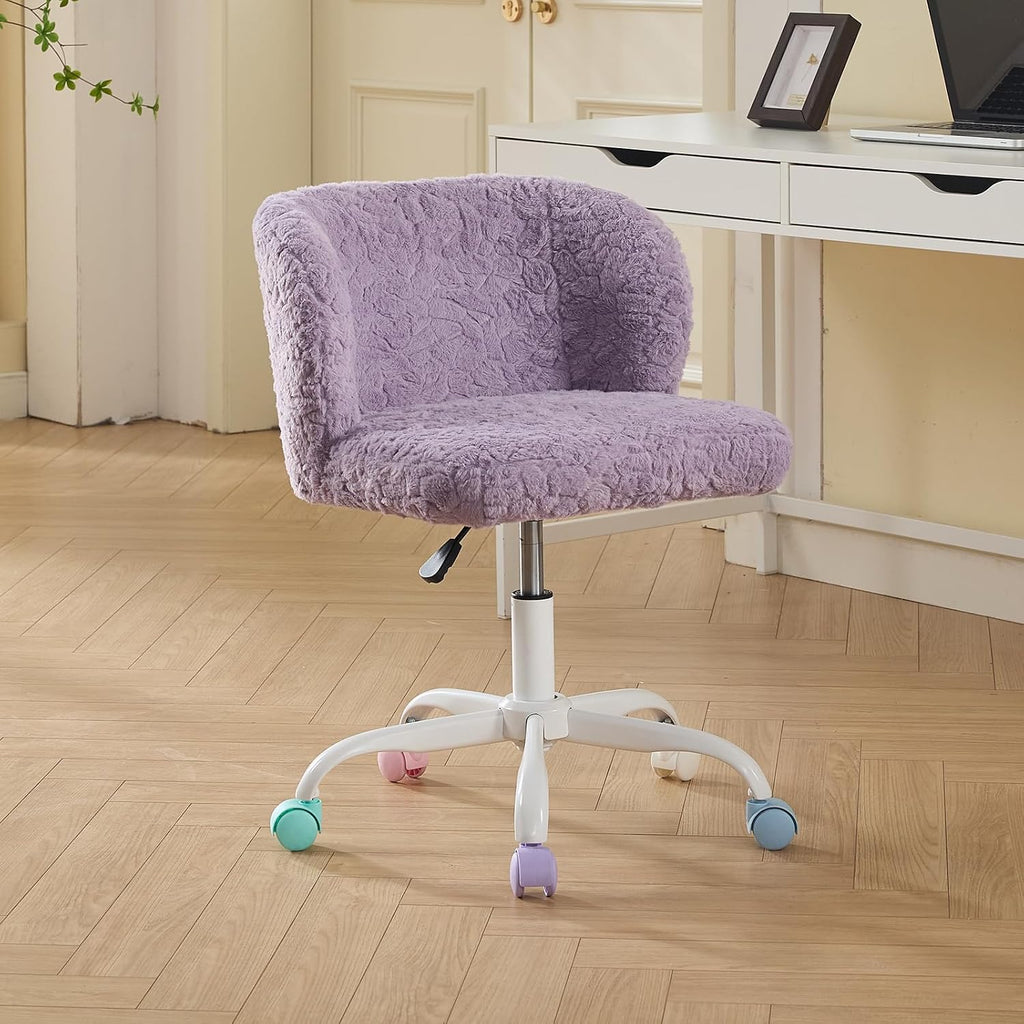Shenyon Purple Faux Fur Vanity Chair, Adjustable Swivel Home Office Chair with Colorful Wheels and Metal Base, Cute Makeup Chair for Women, Teens & Girls(Purple)