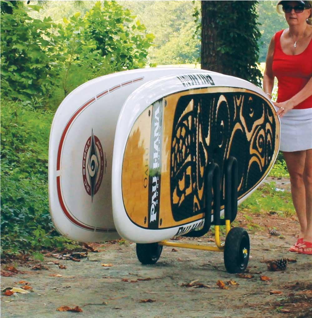 Suspenz Stand Up Paddle Board Surfboard Transport Cart & Stand, Double Trouble Carrier/Trolley Converts to a Stand for 2 SUPs & Surfboards, Yellow (22-9935)