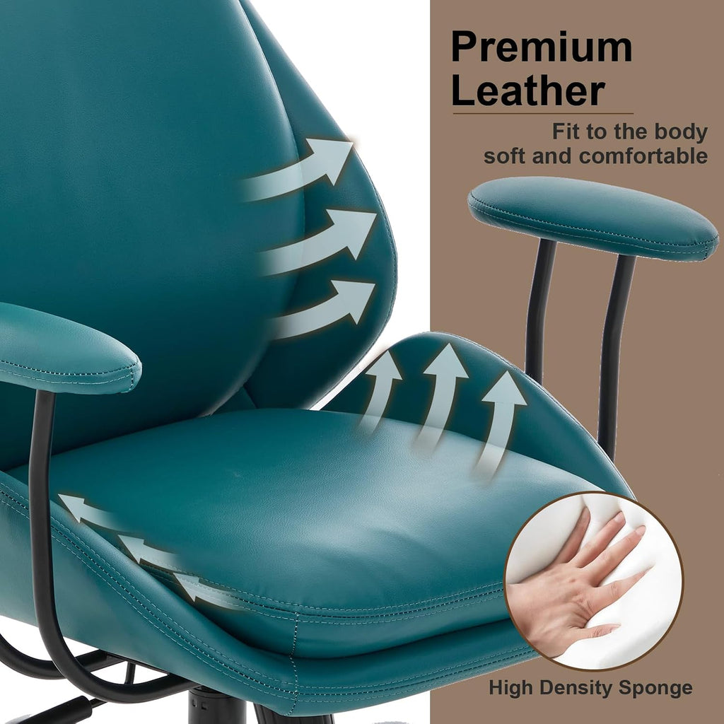 E-Motie Office Chair, Leather Desk Chair with Rubber Wheels, Ergonomic Computer Chair 500 LBS with Lumbar Support, High Back Executive Chair for Modern Home Office, Green