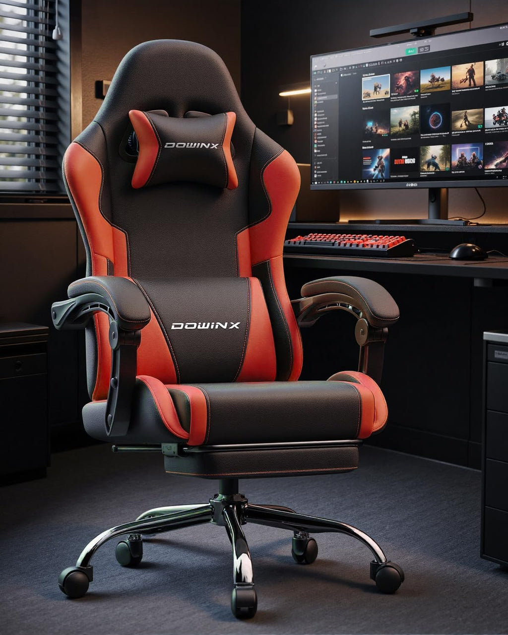 Dowinx Ergonomic Gaming Chair with Footrest & Massage Lumbar, 2D-Linkage Armrests for Computer Chair 330lbs with Headrest Pillow for Office, Home, Streaming and Long Gaming Sessions, Red