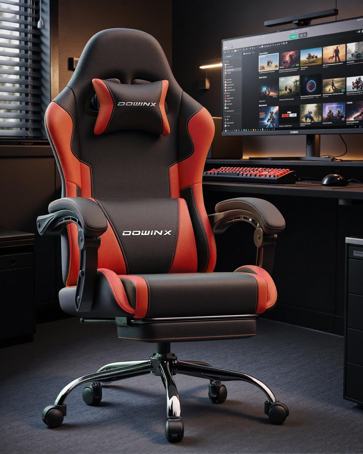 Dowinx Ergonomic Gaming Chair with Footrest & Massage Lumbar, 2D-Linkage Armrests for Computer Chair 330lbs with Headrest Pillow for Office, Home, Streaming and Long Gaming Sessions, Red