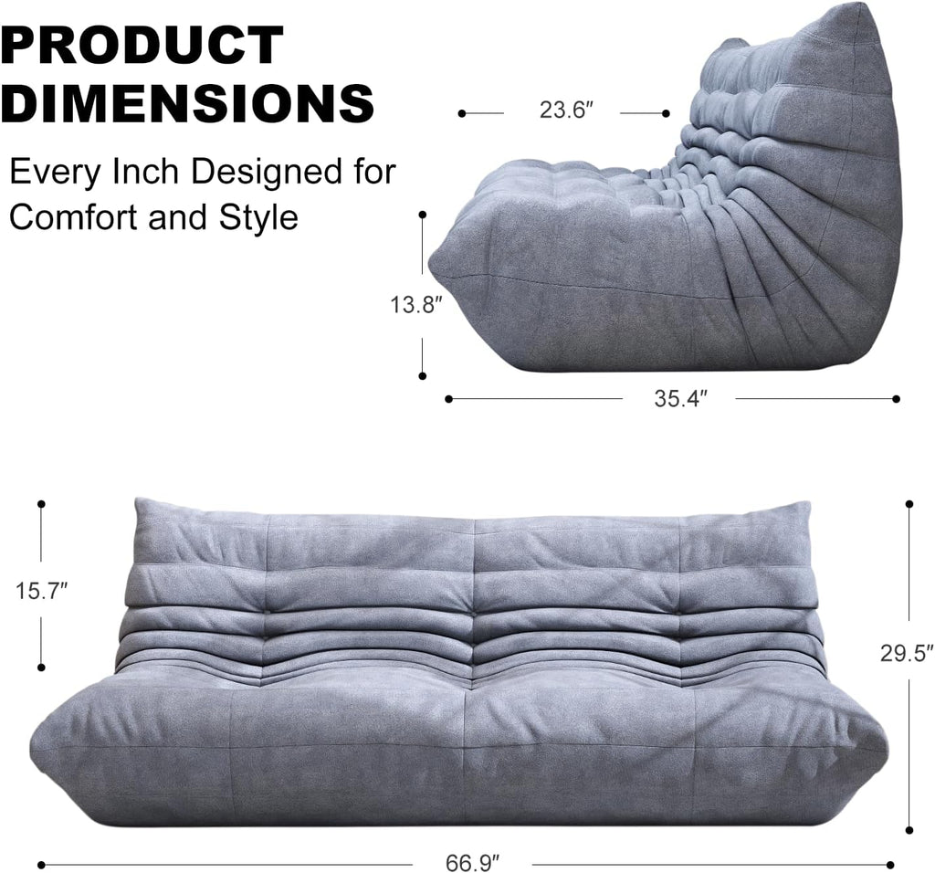 Full Foam Three Seater Sofa – Bean Bag Chairs Floor Couch for Adults, Waterproof Upholstery, Armless Fireside Lounge Chair for Living Room, Apartment, or Office (Grey)